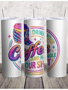 Hand Crafted White Tumbler with Rainbow Coffee Skeleton Graphic